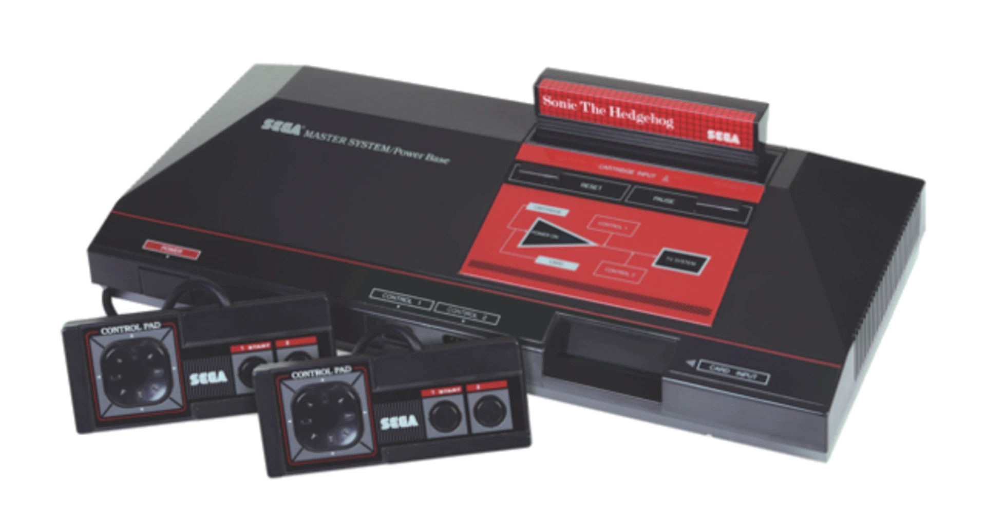 Konzole Sega Master System s dvěmi ovladači a cartridgí Sonic the Hedgehog