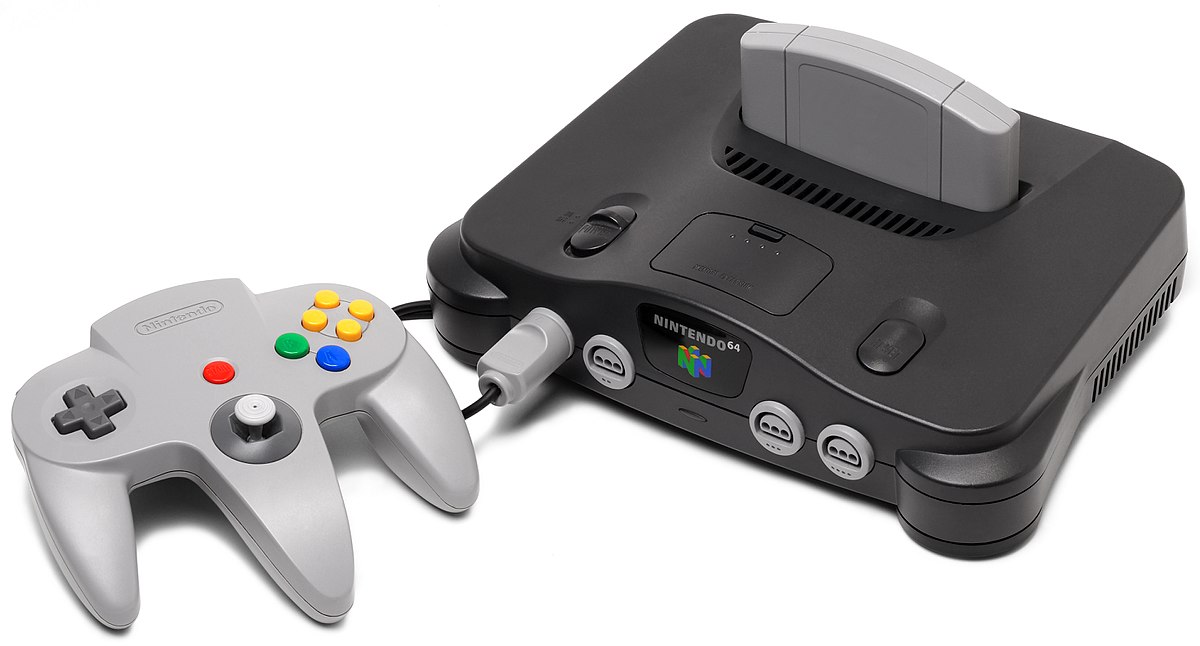 Nintendo 64 s ovladačem a vloženou herní cartridgí