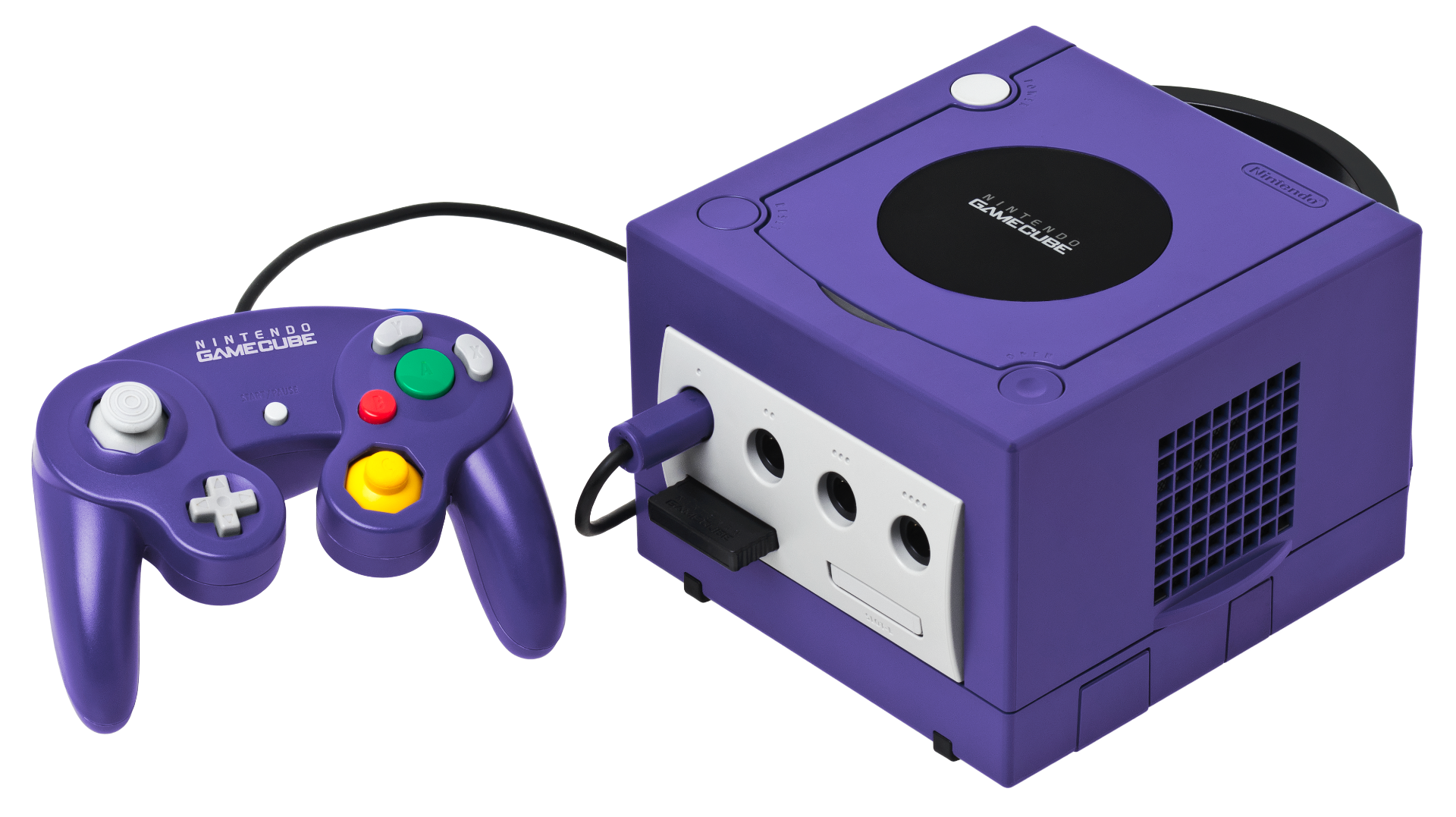 konzole Nintendo GameCube s ovladačem a vloženou paměťovou kartou